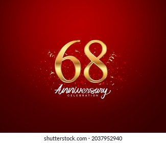 68th anniversary background with 3D number illustration golden numbers and Anniversary Celebration text with golden confetti on red background.