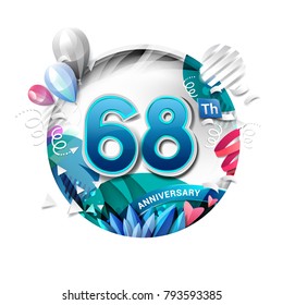 68th anniversary background with balloon and confetti on white. 3D paper style illustration. Poster or brochure template. Vector illustration.