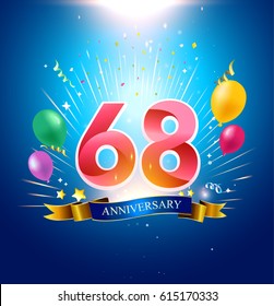 68th Anniversary with balloon, confetti, and blue background.