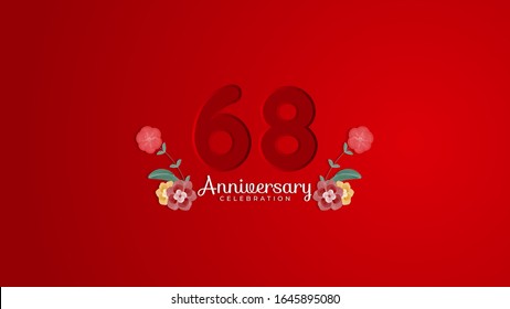 68th Anniversary celebration. Emboss number with Gradient red background and flowers decoration. Modern elegant simple background design vector EPS 10. Can be used for company or wedding.