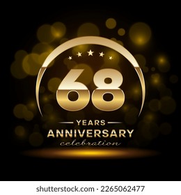 68th Anniversary Celebration. Logo design with golden ring and text for anniversary celebration event, invitation, wedding, greeting card, banner, poster, flyer, brochure. Logo Vector Template