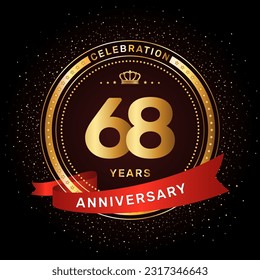 68th anniversary celebration logo design with a golden ring and red ribbon concept, vector template