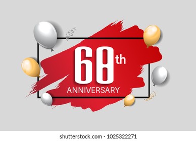 68th anniversary design with red brush, balloons, and square isolated on white background for celebration