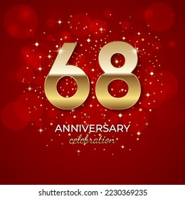 68th Anniversary. Golden number 68 with sparkling confetti and glitters for celebration events, weddings, invitations and greeting cards. Realistic 3d sign. Vector festive illustration