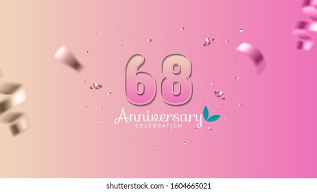 68th anniversary. Gradient pink and yellow Numbers with sparkling confetti. Modern elegant gradient background design vector EPS 10. For wedding party or company event decoration.