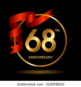 68th Anniversary logo. Anniversary celebration template design with golden ribbon for booklet, leaflet, magazine, brochure poster, banner, web, invitation or greeting card. Vector illustrations.
