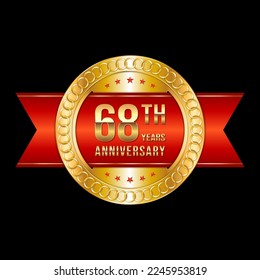 68th Anniversary. Anniversary logo design with gold color text and red ribbon for anniversary celebration event. Logo Vector Illustration
