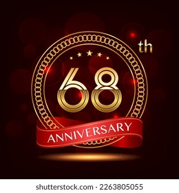 68th Anniversary logo design with golden number and red ribbon for anniversary celebration event, invitation, wedding, greeting card, banner, poster, flyer, brochure, book cover. Logo Vector Template