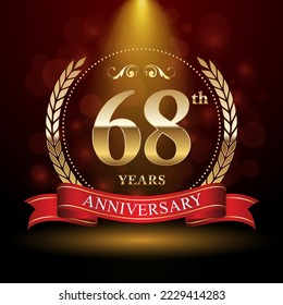 68° Aniversario. Diseño del logo del aniversario con corona Laurel y cinta roja para la celebración del evento, boda, invitación, tarjeta de saludo. Ilustración del vector