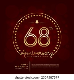 68th anniversary logo with double line number and golden text for birthday celebration event, invitation, banner poster, flyer, and greeting card, vector template