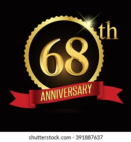 68th anniversary logo golden shiny ring and red ribbon, vector template for birthday celebration.