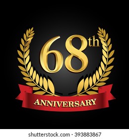 68th anniversary logo with red ribbon and golden laurel wreath, vector design for birthday celebration.
