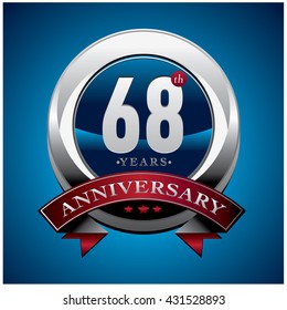 68Th anniversary logo with red ribbon. Anniversary signs illustration. Silver anniversary logo with red ribbon and circle ring