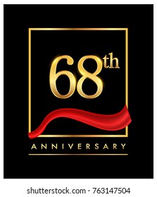 68th anniversary logo with red ribbon  and confetti golden colored isolated on elegant background, vector design for greeting card and invitation card