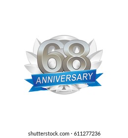 68th Anniversary logo with silver wreath, silver number, blue ribbon
