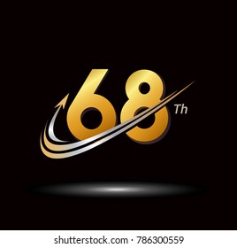 68th anniversary with swoosh and arrow icon. fast and forward golden anniversary logo on black background