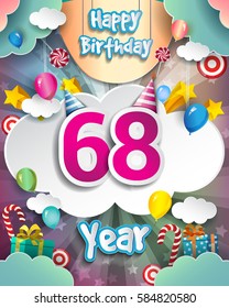 68th Birthday Celebration greeting card Design, with clouds and balloons. Vector elements for the celebration party of sixty eight years anniversary