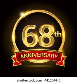 68th golden anniversary logo with ring and red ribbon isolated on black background, vector design for birthday celebration, marriage, corporate, and your business.