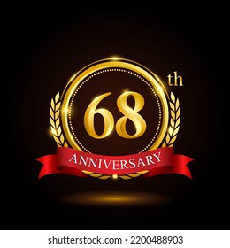 68th golden anniversary template design, with shiny ring and red ribbon, laurel wreath isolated on black background, logo vector