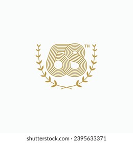 68. mit Lorrel Wreath elegante minimale Logo, Icon, Karte, Banner-Design. Lineares stylisches achtundsechziges Zahlensymbol