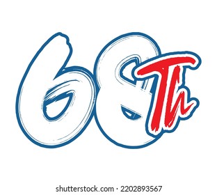 68th Ordinal Number counting vector art illustration with stunning font on red trim blue on white background