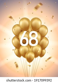 68th Year anniversary celebration background. Golden balloons and confetti with sunbeams in background.
