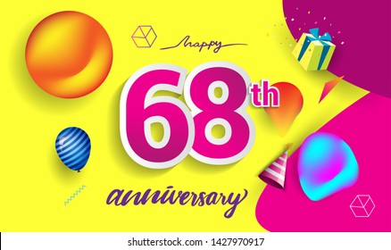 68th Years Anniversary Celebration Design, with gift box and balloons, ribbon, Colorful Vector template elements for your birthday celebrating party.