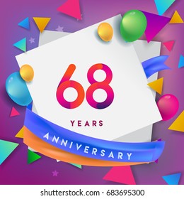 68th Years Anniversary Celebration Design, balloons and ribbon, Colorful design elements for banner, invitation, greeting card your sixty eight birthday celebration party.