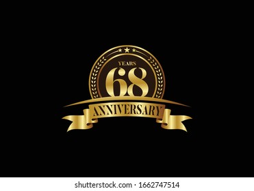 68th years anniversary logo template, vector design birthday celebration, Golden anniversary emblem with ribbon. Design for a booklet, leaflet, magazine, brochure, poster, web, invitation or greeting