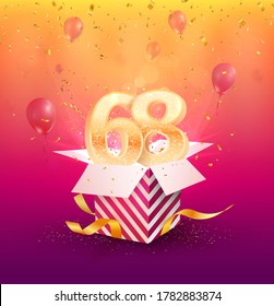 68th years anniversary vector design element. Isolated sixty-eight years jubilee with gift box, balloons and confetti on a colorful background.