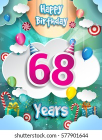 68th Years Birthday Design for greeting cards and poster, with clouds and gift box, balloons. design template for anniversary celebration.