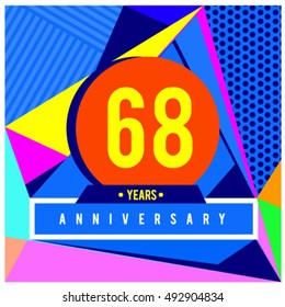 68th years greeting card anniversary with colorful number and frame. logo and icon with Memphis style cover and design template. Pop art style design poster and publication.