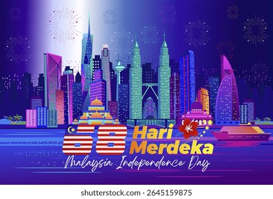 68th years Malaysia Hari Merdeka or Independence Day 2025 background with colorful night view of Kuala Lumpur skyline. Isolated Kuala Lumpur iconic landmarks in colorful modern design. 
