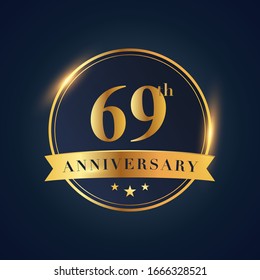 69 anniversary celebration logotype. Golden colored isolated on black blue background, vector design for greeting card and invitation card and celebration event