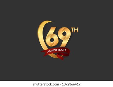 69 anniversary design logotype golden color with ring and red ribbon for celebration