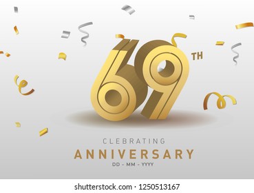 69 Anniversary gold numbers with golden confetti. Celebration 69th anniversary event party template.