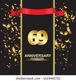 69 anniversary logo with confetti golden colored and red ribbon isolated on black background, vector design for greeting card and invitation card