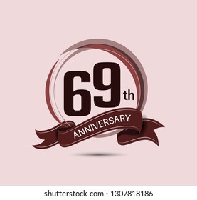 69 anniversary logo with elegance brown color composition and ribbon isolated on soft brown background for celebration company event