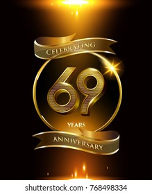69 anniversary logo with golden ring and ribbon colored isolated on black background, vector design for party greeting card and invitation card. celebration logotype template