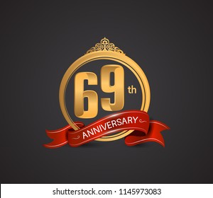 69 anniversary logotype style design luxury  golden color and ornament with warp red ribbon for company celebration event
