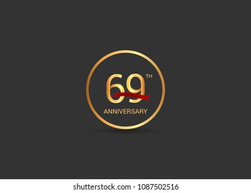 69 anniversary vector design golden color with ring and red ribbon isolated on black background