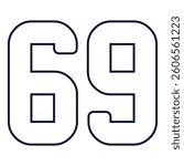 69 Classic Vintage Sport Jersey, Uniform numbers in black with a black outside contour line number on white background for American football, Baseball and Basketball or soccer