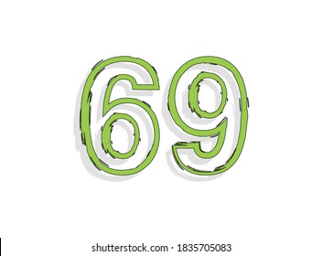 69 green number, hand drawn brush stroke. Comic style design. For design element, logo, creative poster etc. Vector illustration 