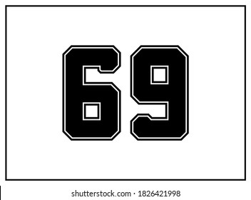 69 number classic american, college style font. Uniform letter in black with a black outside contour line. Vintage sport font.For jersey, t-shirt, basketball, baseball, football. Isolated vector