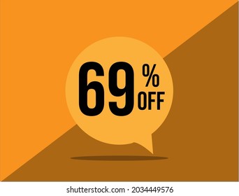 69% de descuento. Cartel con un descuento del sesenta y nueve por ciento en un globo cuadrado amarillo.  