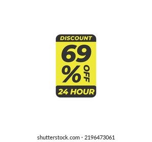 69% off coupon discount price tag product banner label vector art illustration. Isolated on White Background in yellow color