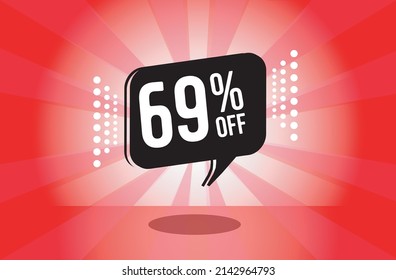 69% off. red banner with sixty nine percent discount on a black balloon for mega big sales.
