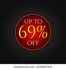 69% de descuento. Etiqueta de descuento roja y amarilla. Promociones de marketing, ventas de comercio. Diseño de Vector. 69 por ciento de descuento.