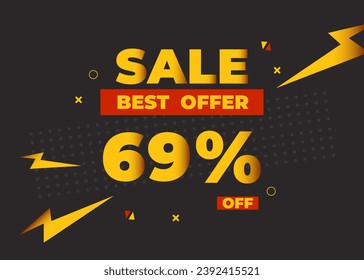 69% off sale best offer. Sale banner with sixty nine percent of discount, coupon or voucher vector illustration. Yellow and red template for campaign or promotion.