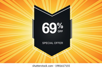 69% off. Yellow banner with sixty-nine percent discount on a black balloon for mega offers.


